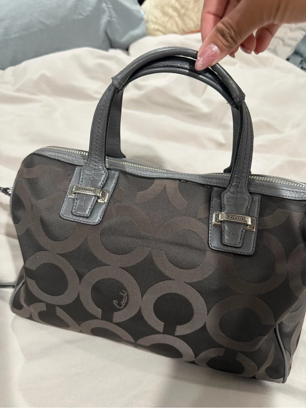 Coach Dark Brown Logo Satchel with Gray Trim
